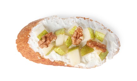 Photo of Delicious ricotta bruschetta with pear and walnut isolated on white, top view