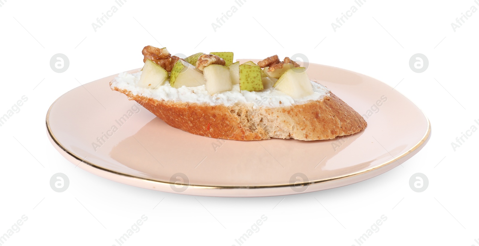 Photo of Delicious ricotta bruschetta with pear and walnut isolated on white