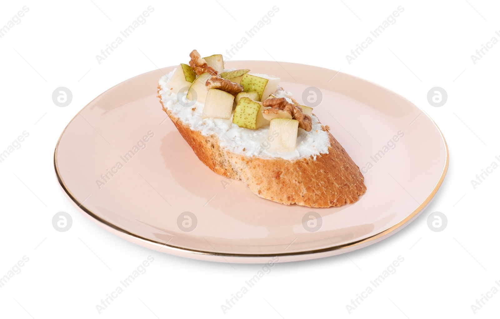 Photo of Delicious ricotta bruschetta with pear and walnut isolated on white