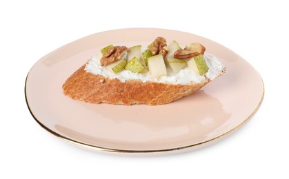 Photo of Delicious ricotta bruschetta with pear and walnut isolated on white