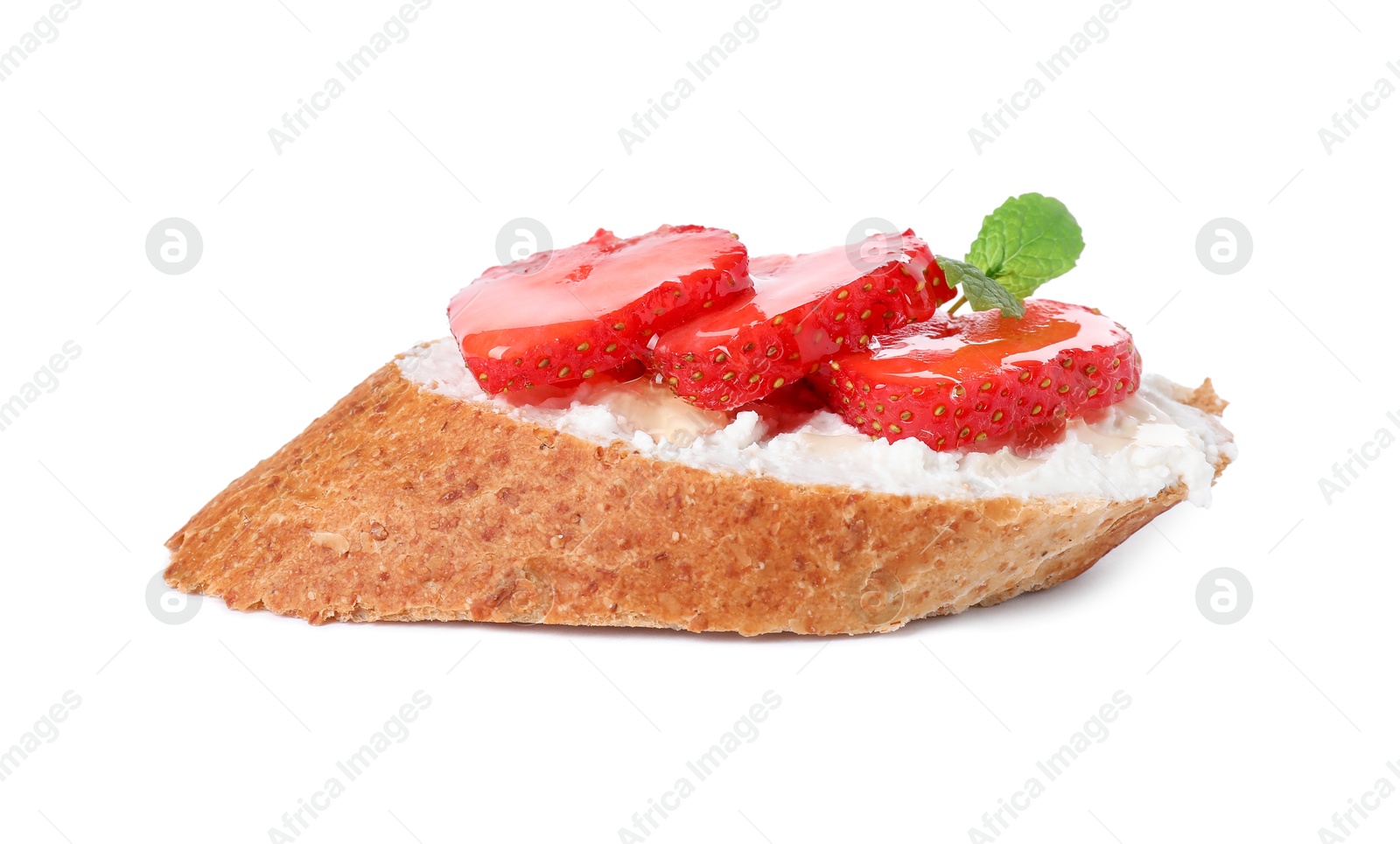Photo of Delicious ricotta bruschetta with strawberry and mint isolated on white