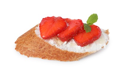 Photo of Delicious ricotta bruschetta with strawberry and mint isolated on white