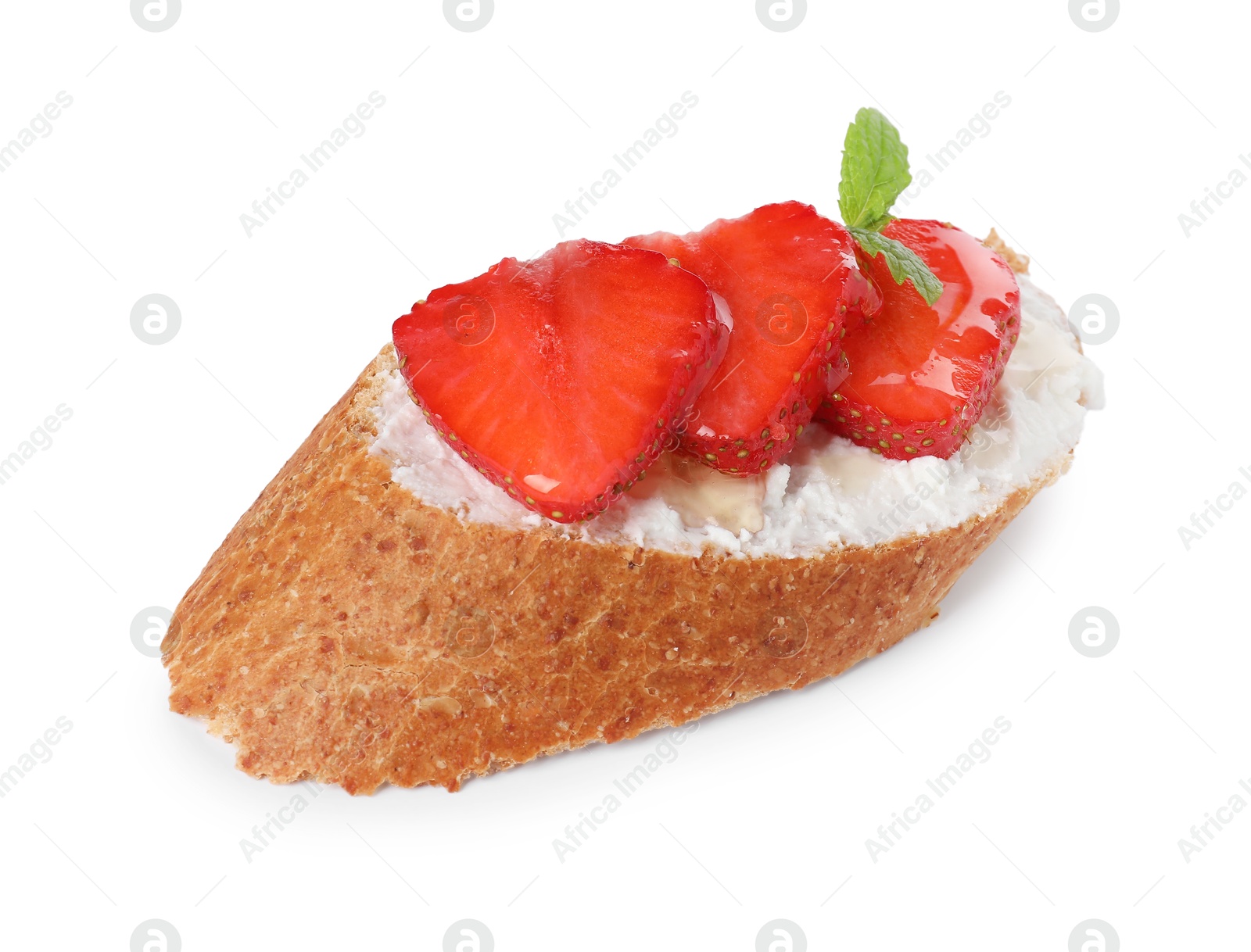 Photo of Delicious ricotta bruschetta with strawberry and mint isolated on white