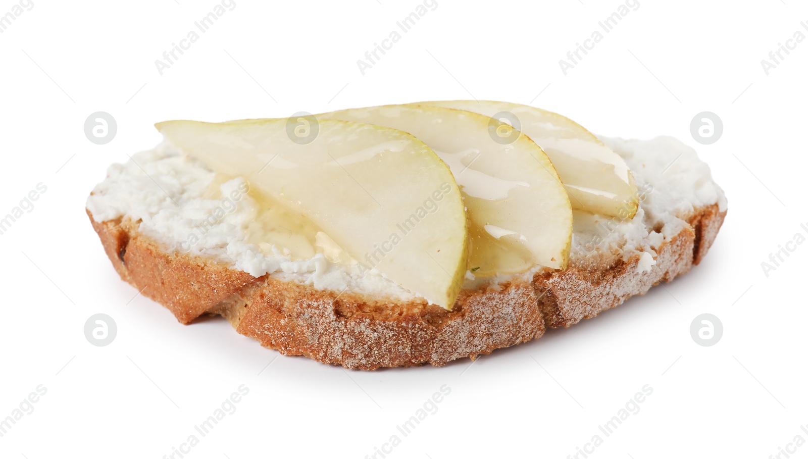 Photo of Delicious ricotta bruschetta with pear isolated on white