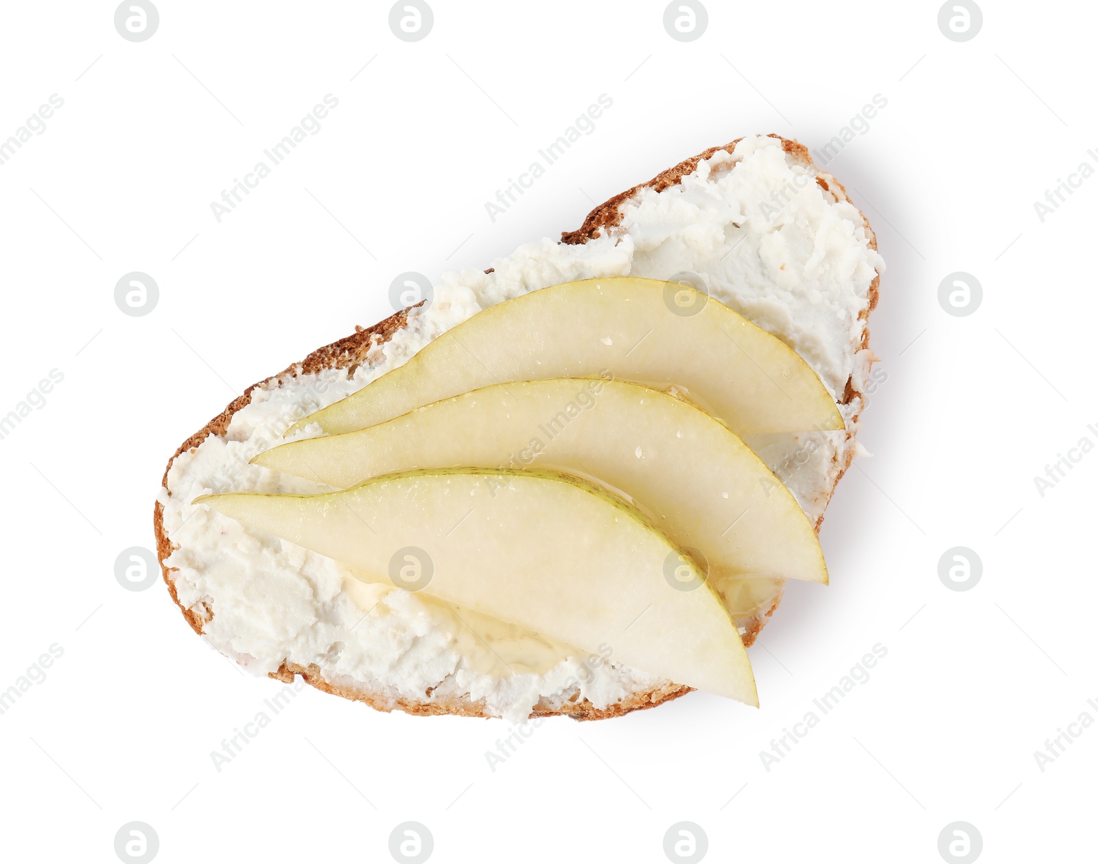 Photo of Delicious ricotta bruschetta with pear isolated on white, top view