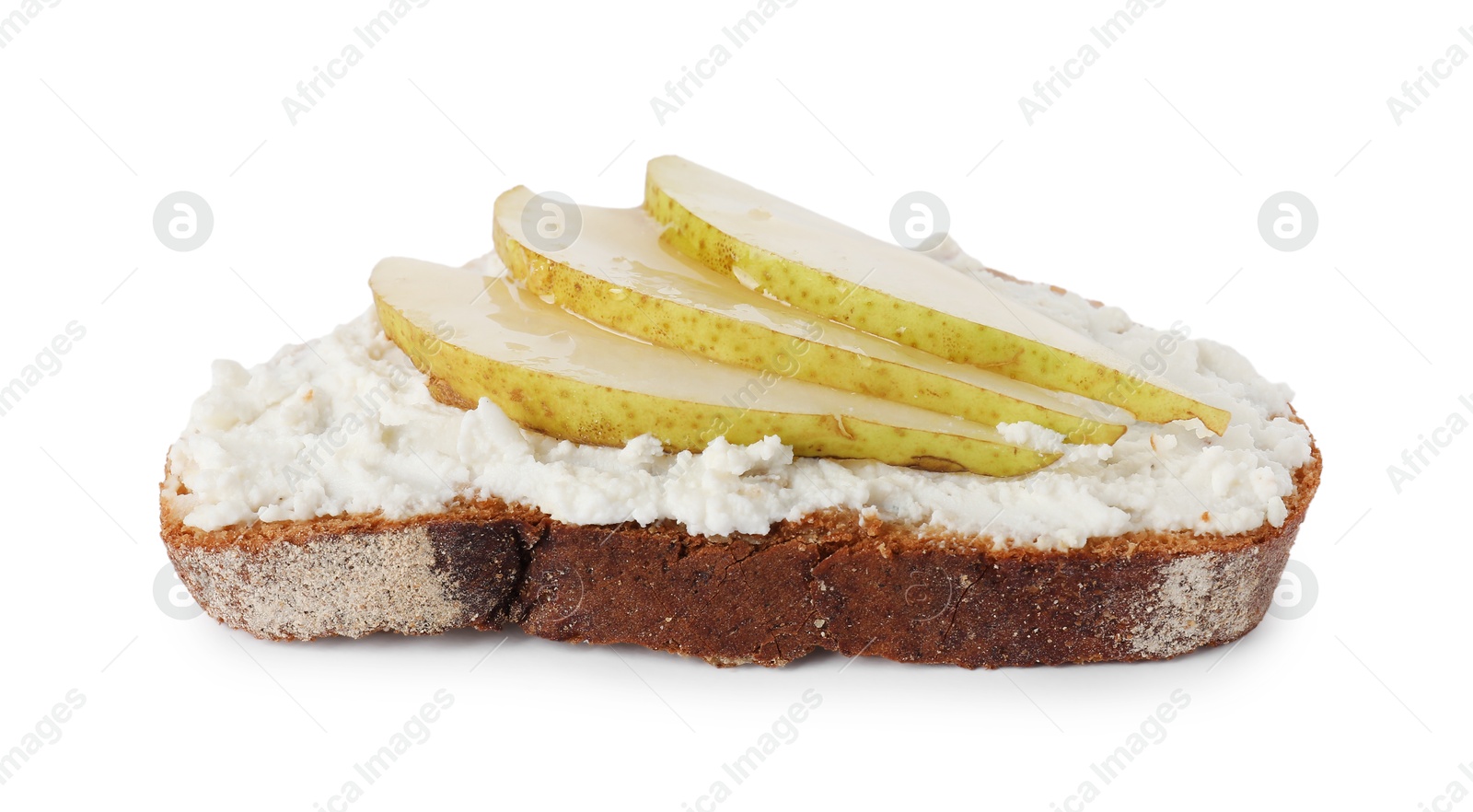 Photo of Delicious ricotta bruschetta with pear isolated on white