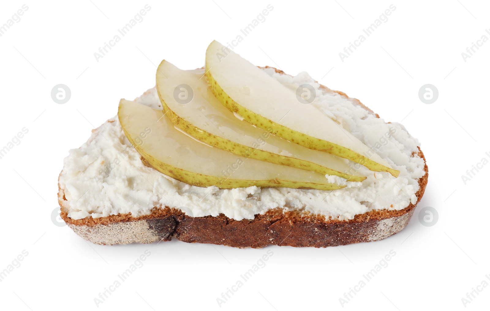 Photo of Delicious ricotta bruschetta with pear isolated on white