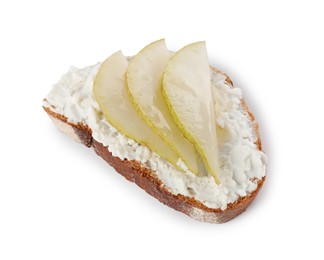 Photo of Delicious ricotta bruschetta with pear isolated on white