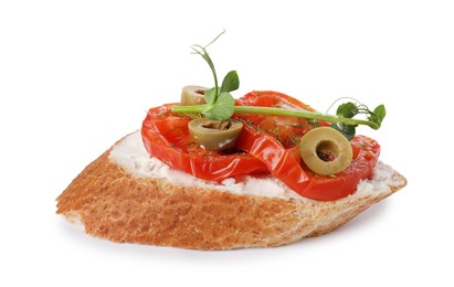 Photo of Delicious ricotta bruschetta with sliced tomatoes, olives and greens isolated on white