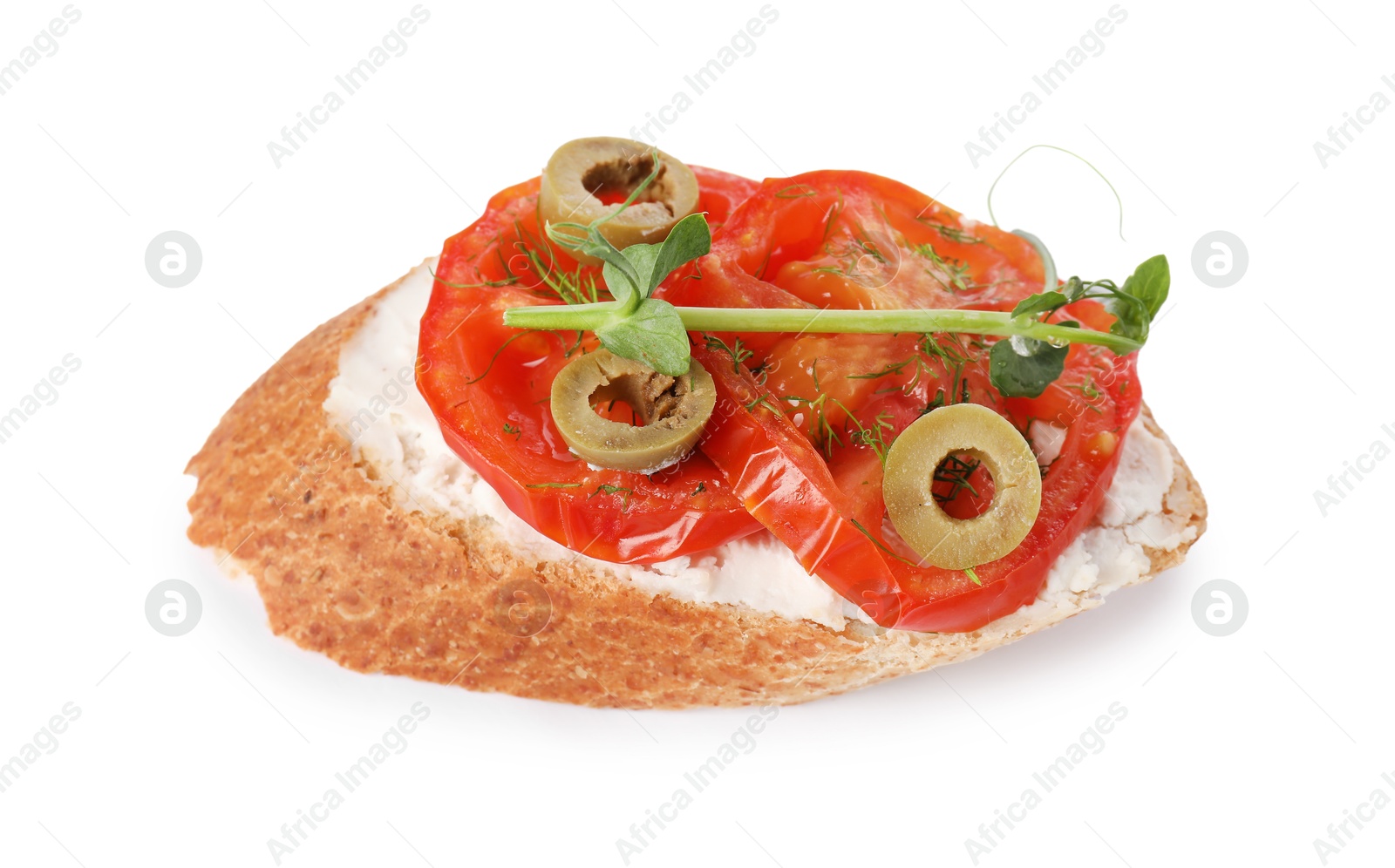 Photo of Delicious ricotta bruschetta with sliced tomatoes, olives and greens isolated on white