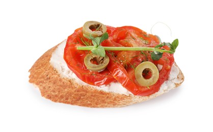 Photo of Delicious ricotta bruschetta with sliced tomatoes, olives and greens isolated on white