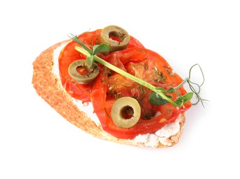Photo of Delicious ricotta bruschetta with sliced tomatoes, olives and greens isolated on white, top view