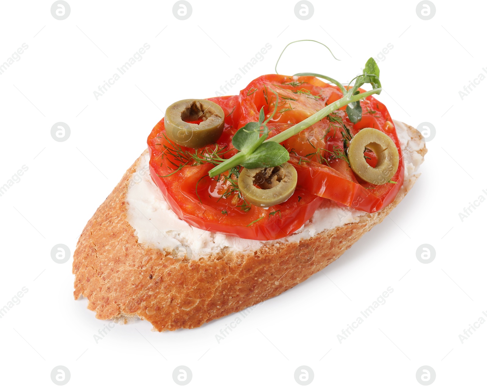 Photo of Delicious ricotta bruschetta with sliced tomatoes, olives and greens isolated on white