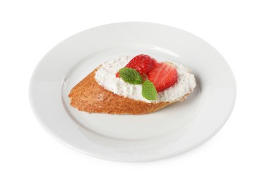 Photo of Delicious ricotta bruschetta with strawberry and mint isolated on white