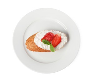 Photo of Delicious ricotta bruschetta with strawberry and mint isolated on white, top view