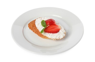 Delicious ricotta bruschetta with strawberry and mint isolated on white