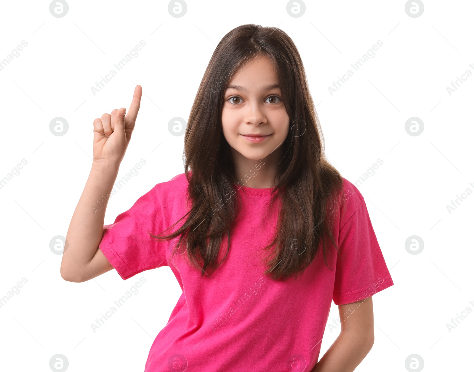 Photo of Portrait of beautiful girl pointing at something on white background