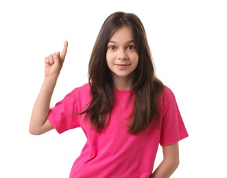 Photo of Portrait of beautiful girl pointing at something on white background