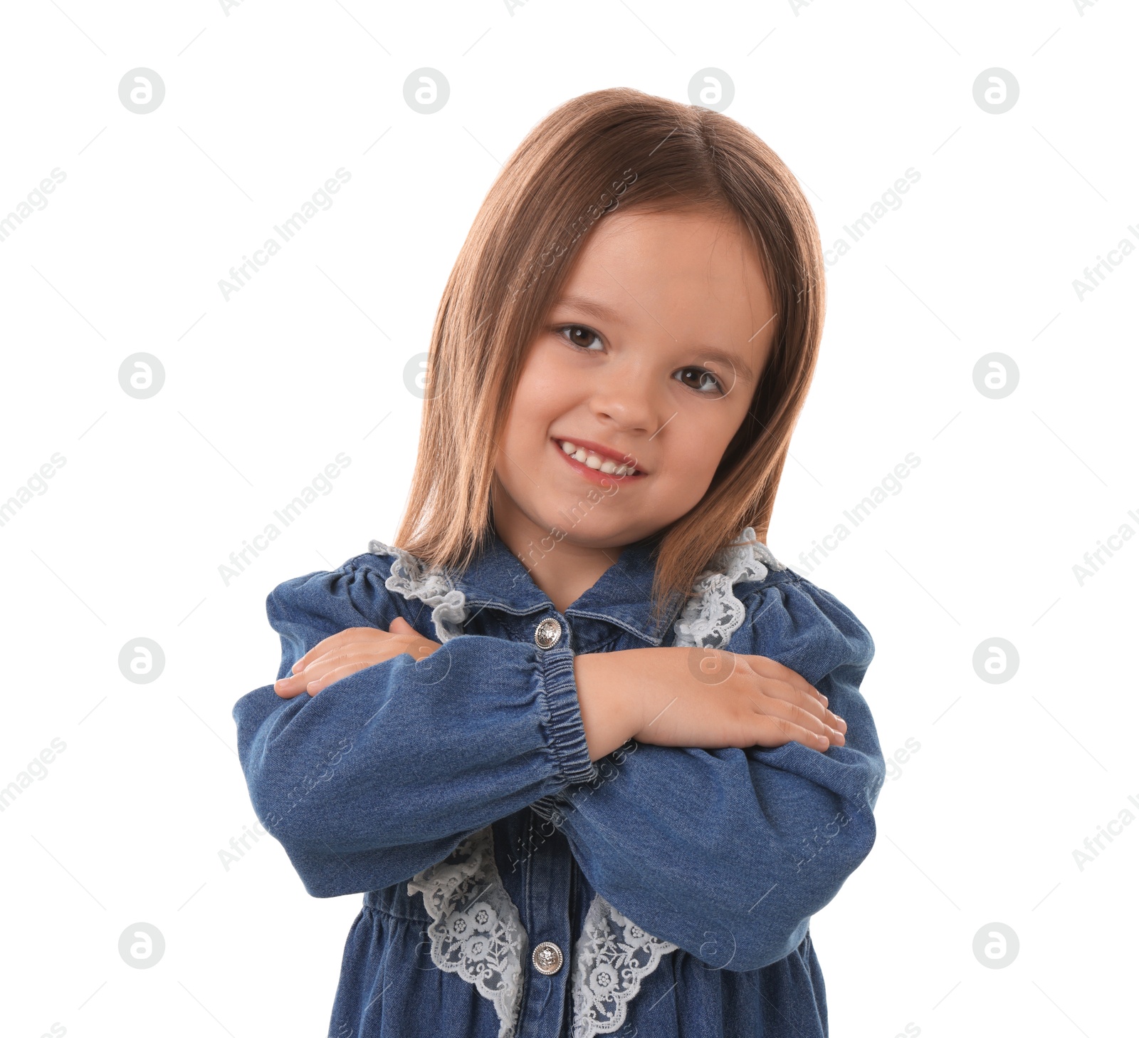 Photo of Portrait of happy little girl isolated on white