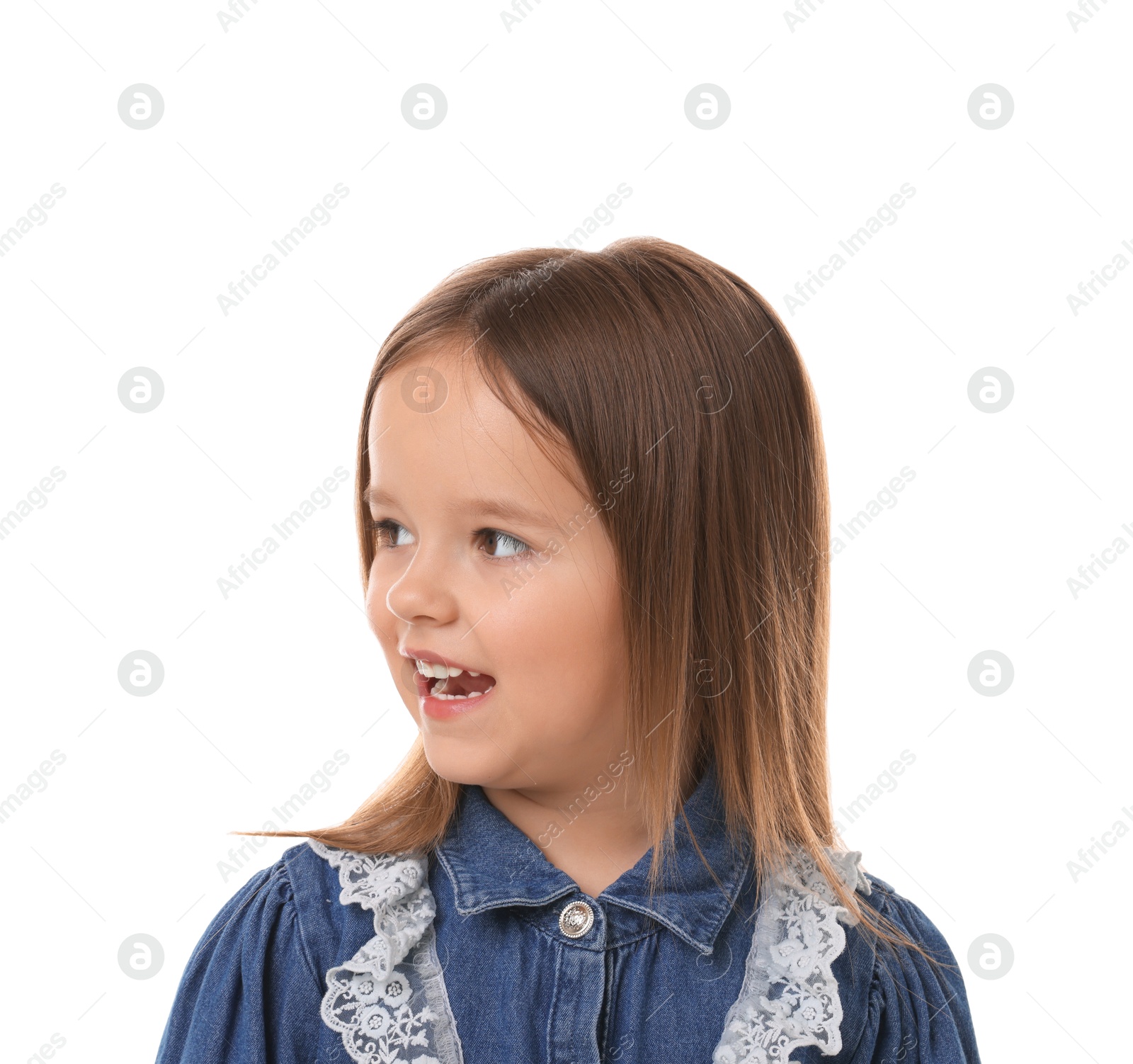 Photo of Portrait of happy little girl isolated on white