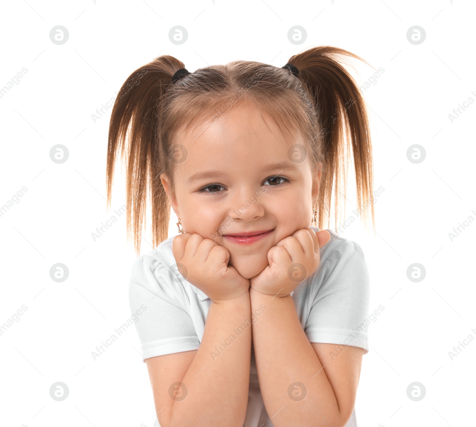 Photo of Portrait of cute little girl isolated on white