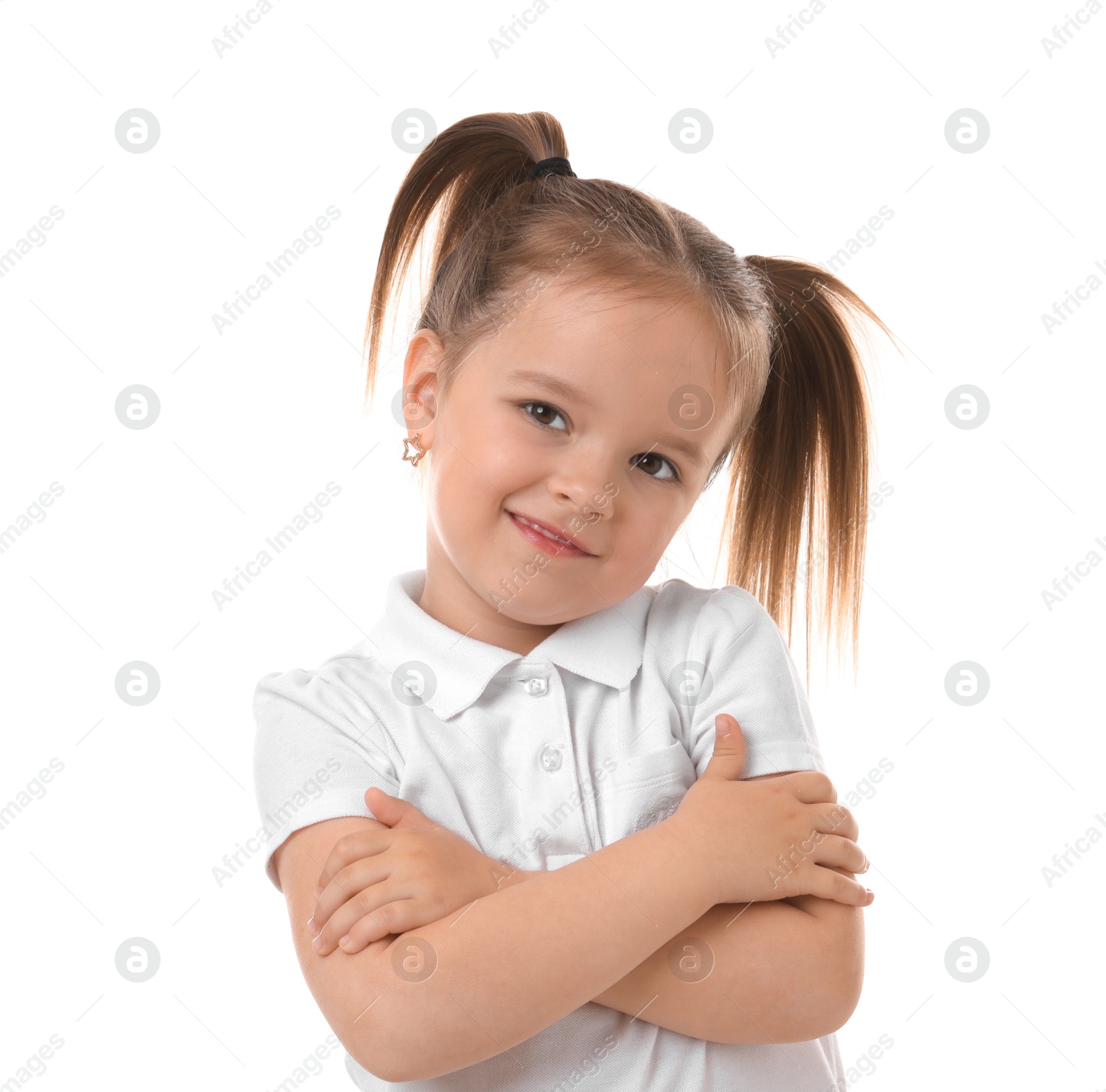 Photo of Portrait of cute little girl isolated on white