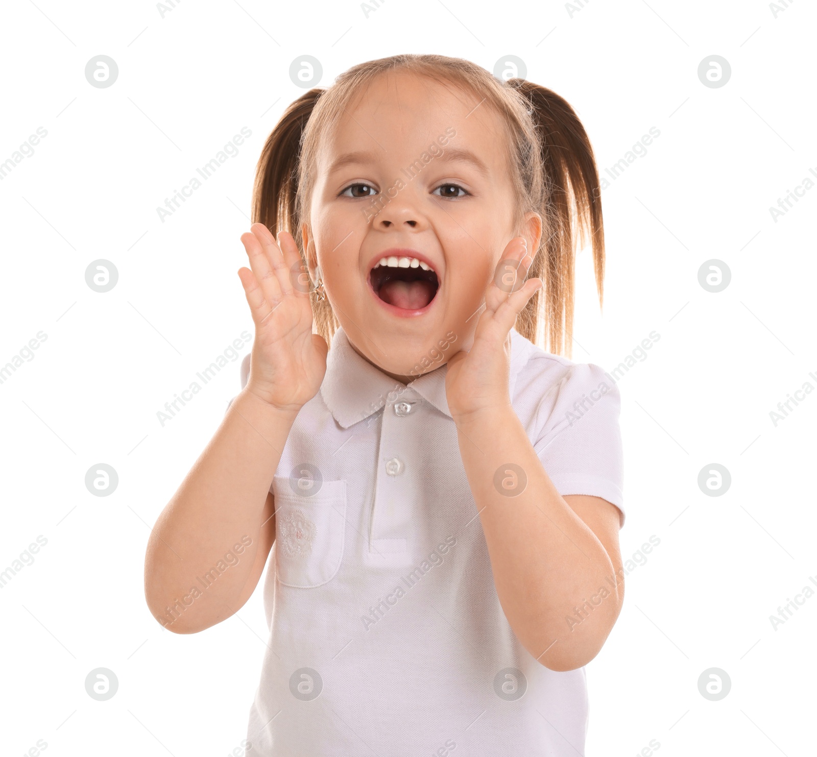 Photo of Portrait of emotional little girl on white background