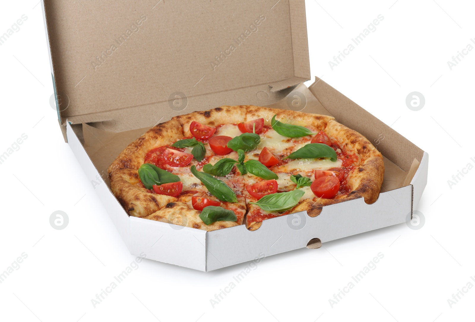 Photo of Delicious Margherita pizza in cardboard box isolated on white