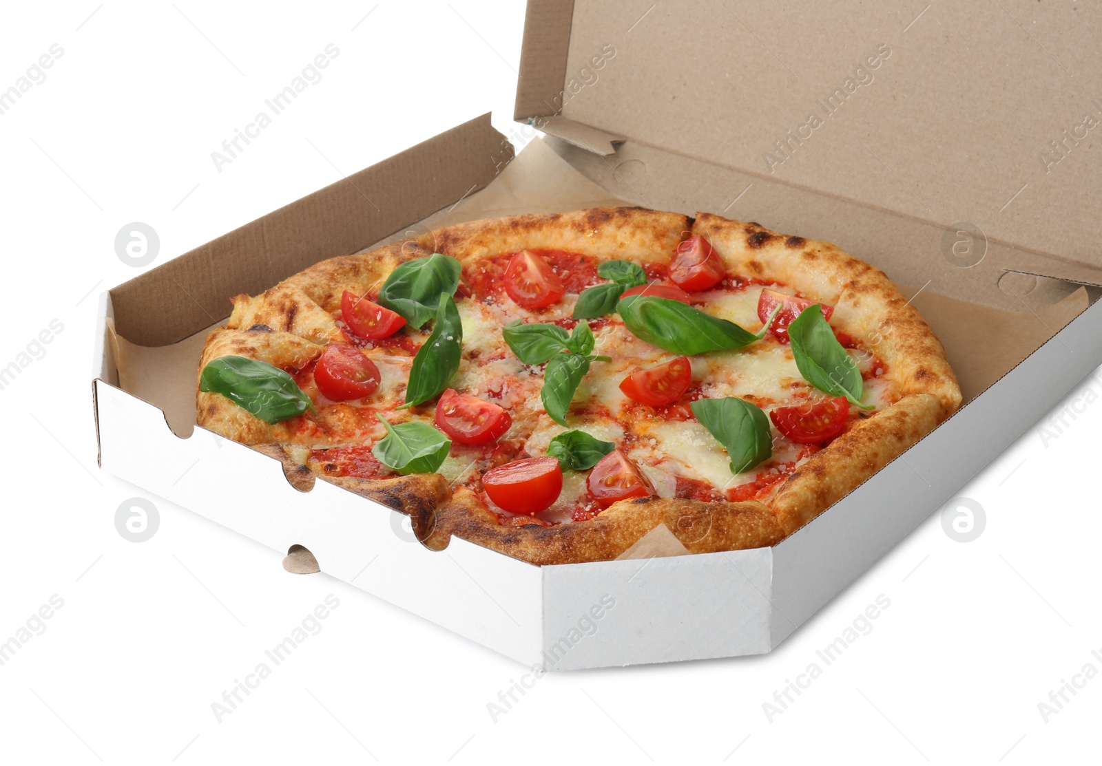 Photo of Delicious Margherita pizza in cardboard box isolated on white