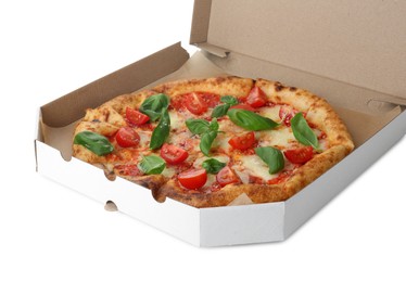 Delicious Margherita pizza in cardboard box isolated on white