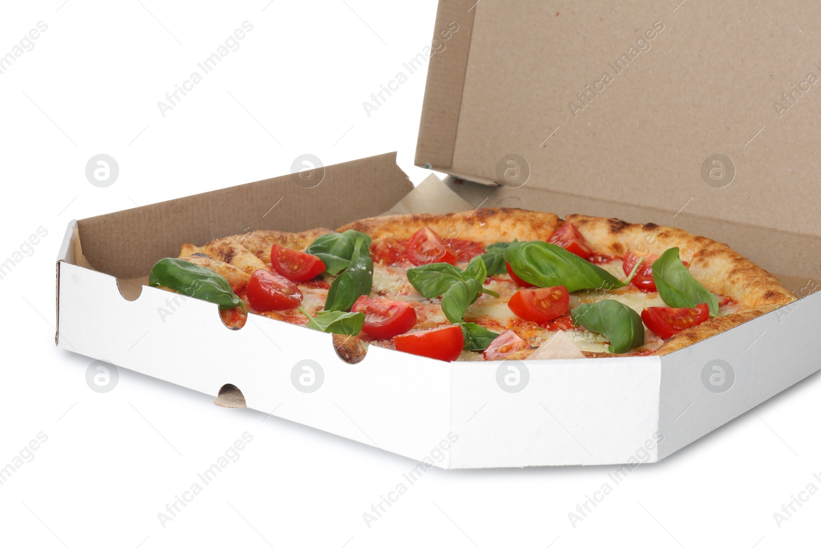 Photo of Delicious Margherita pizza in cardboard box isolated on white