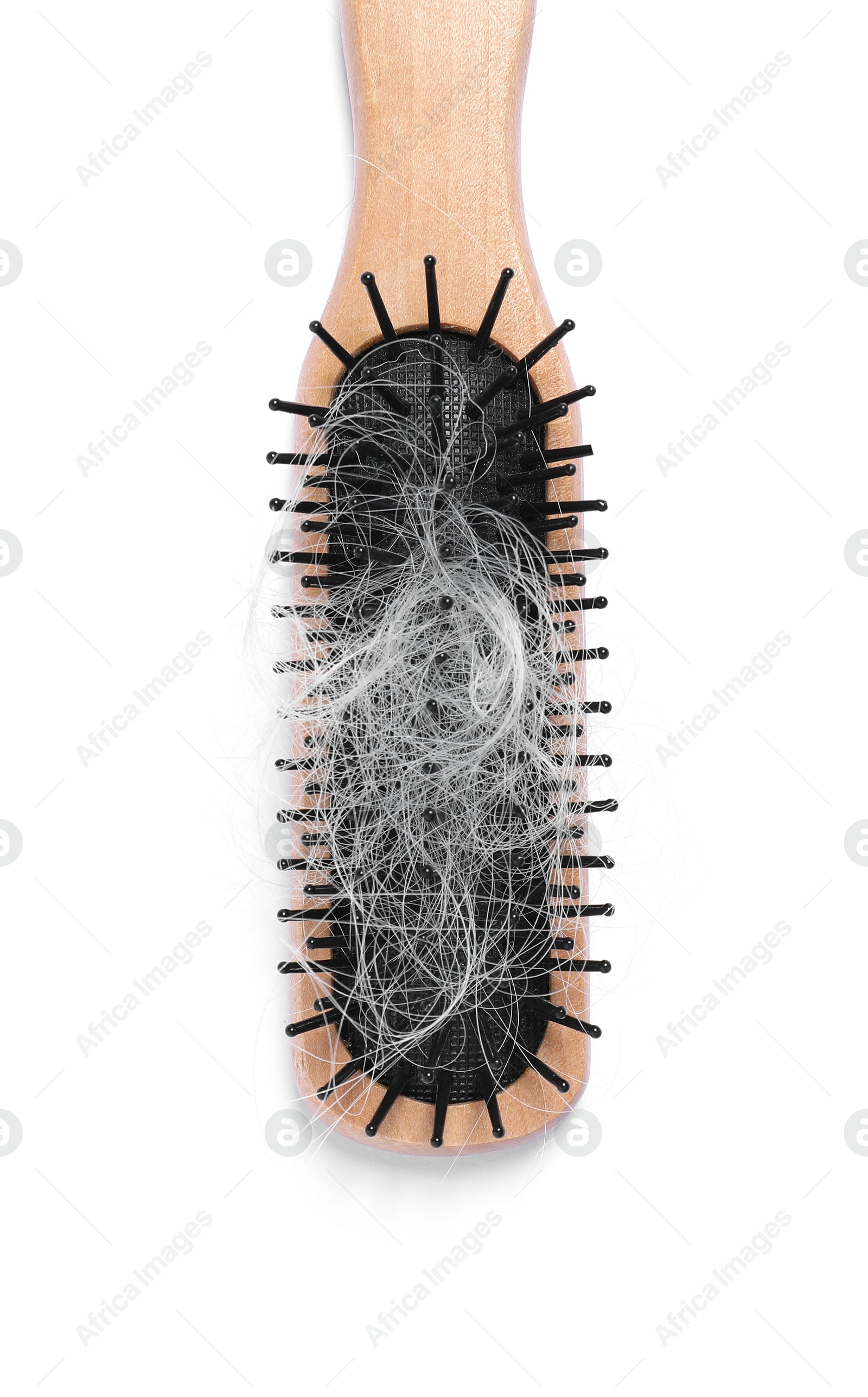 Photo of Wooden brush with lost hair isolated on white, top view