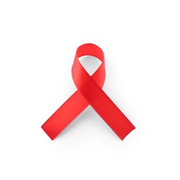 Photo of Red awareness ribbon on white background, top view
