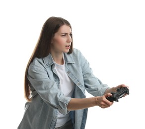 Beautiful woman playing video games with controller on white background