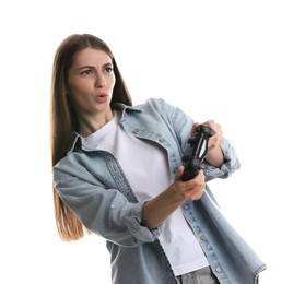 Surprised woman playing video games with controller on white background