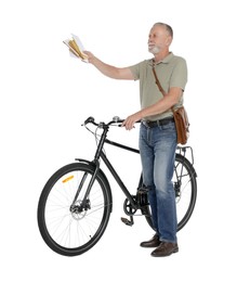 Photo of Postman with bicycle delivering letters on white background