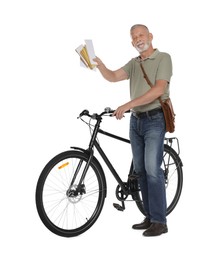 Postman with bicycle delivering letters on white background