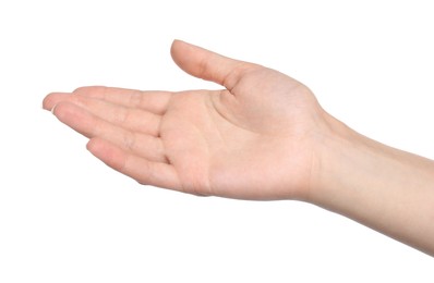 Woman showing hand on white background, closeup