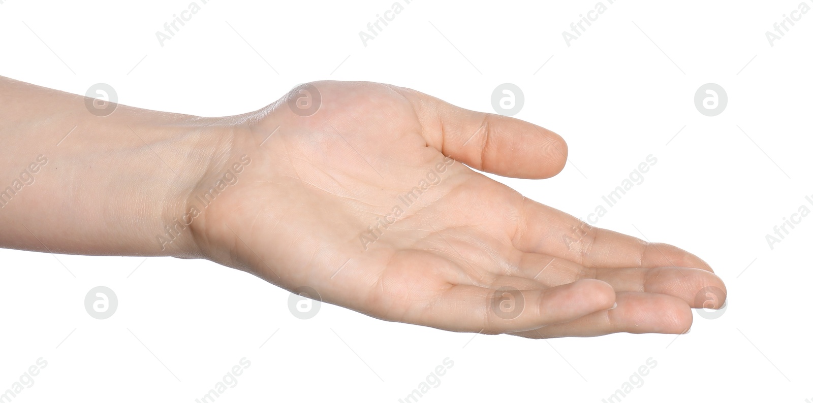 Photo of Woman showing hand on white background, closeup