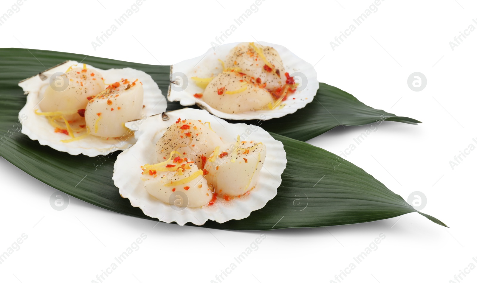 Photo of Raw scallops with spices, lemon zest and shells isolated on white