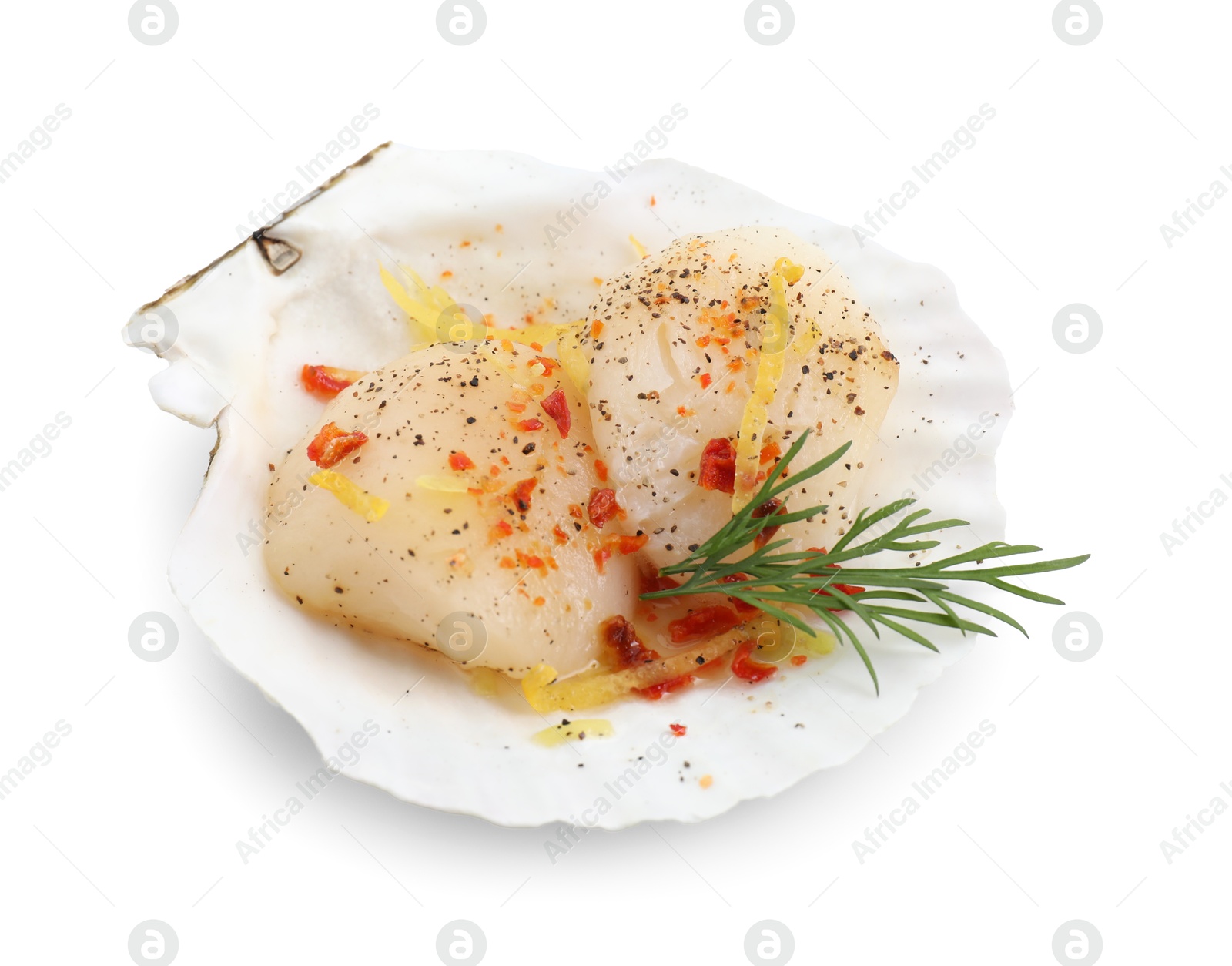Photo of Raw scallop with lemon zest, spices, dill and shell isolated on white