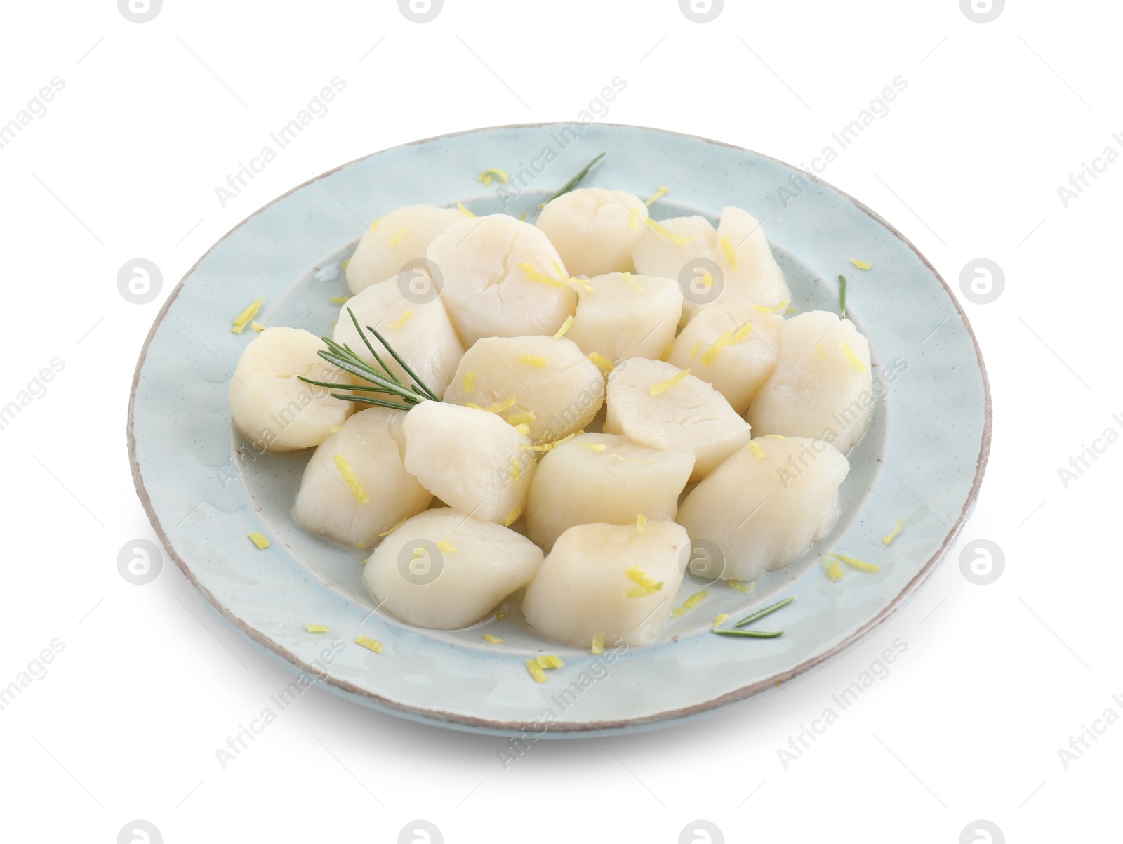 Photo of Raw scallops with lemon zest and rosemary isolated on white