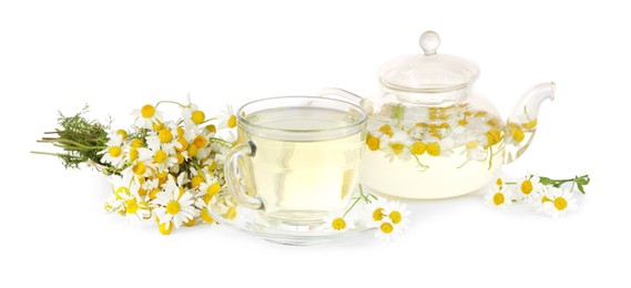 Photo of Aromatic herbal tea with chamomile flowers isolated on white