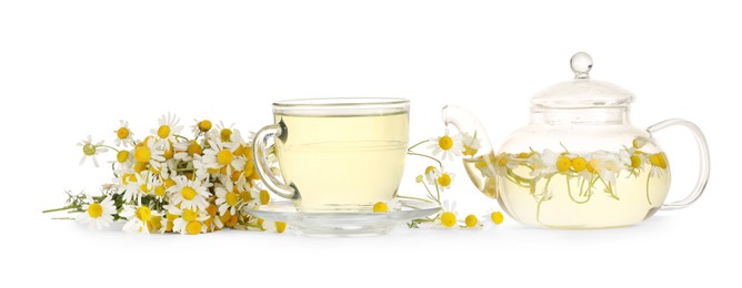 Photo of Aromatic herbal tea with chamomile flowers isolated on white