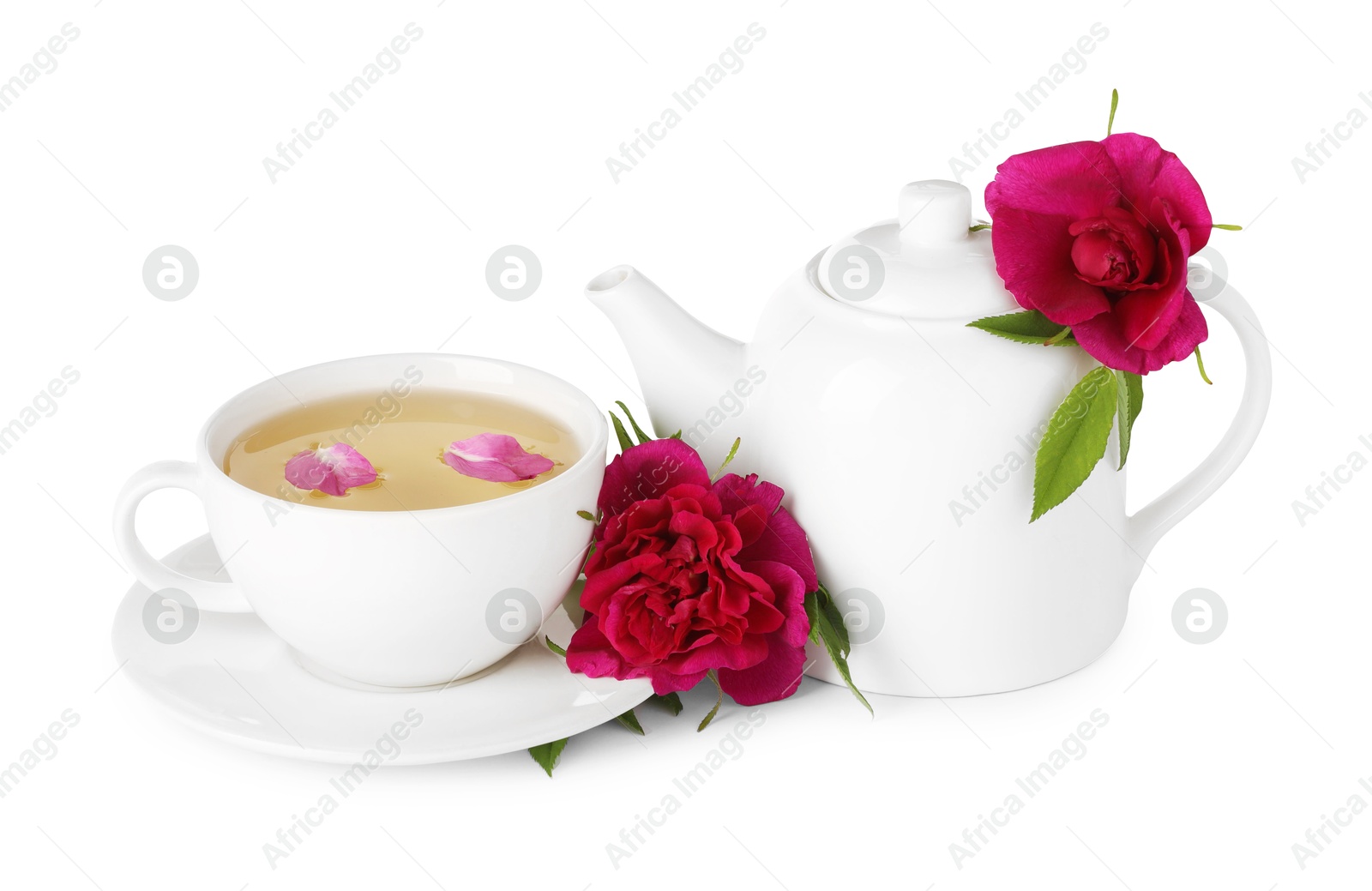 Photo of Aromatic herbal tea with rose flowers isolated on white