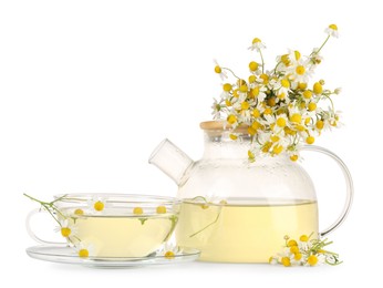 Aromatic herbal tea with chamomile flowers isolated on white