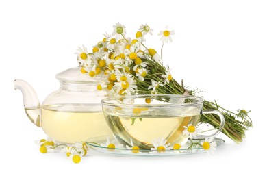 Photo of Aromatic herbal tea with chamomile flowers isolated on white