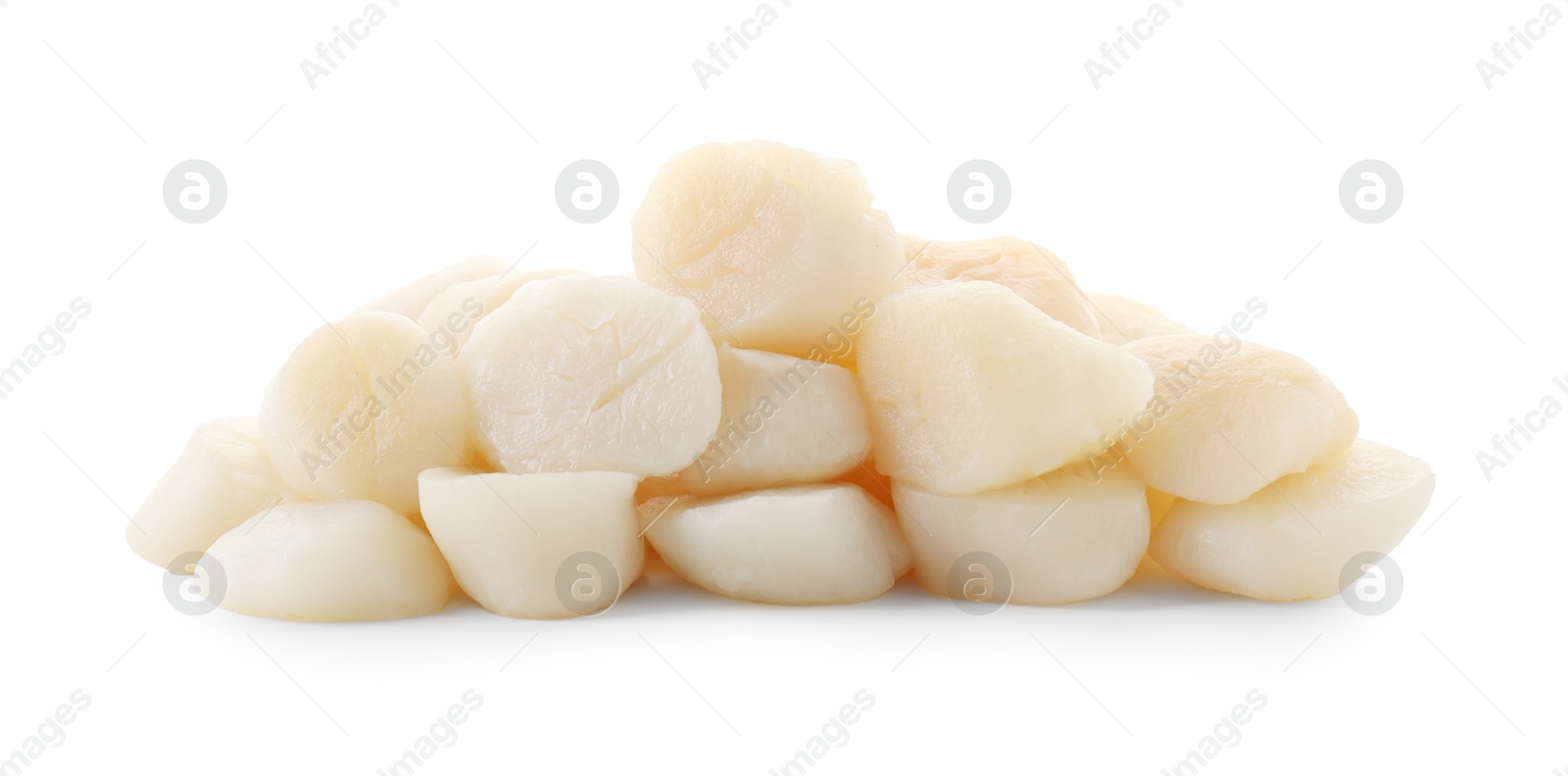 Photo of Pile of fresh raw scallops isolated on white