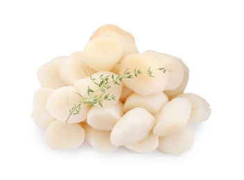 Photo of Pile of fresh raw scallops and thyme isolated on white, top view