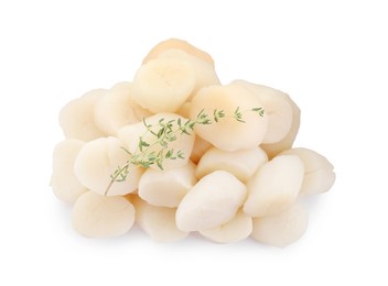 Pile of fresh raw scallops and thyme isolated on white, top view